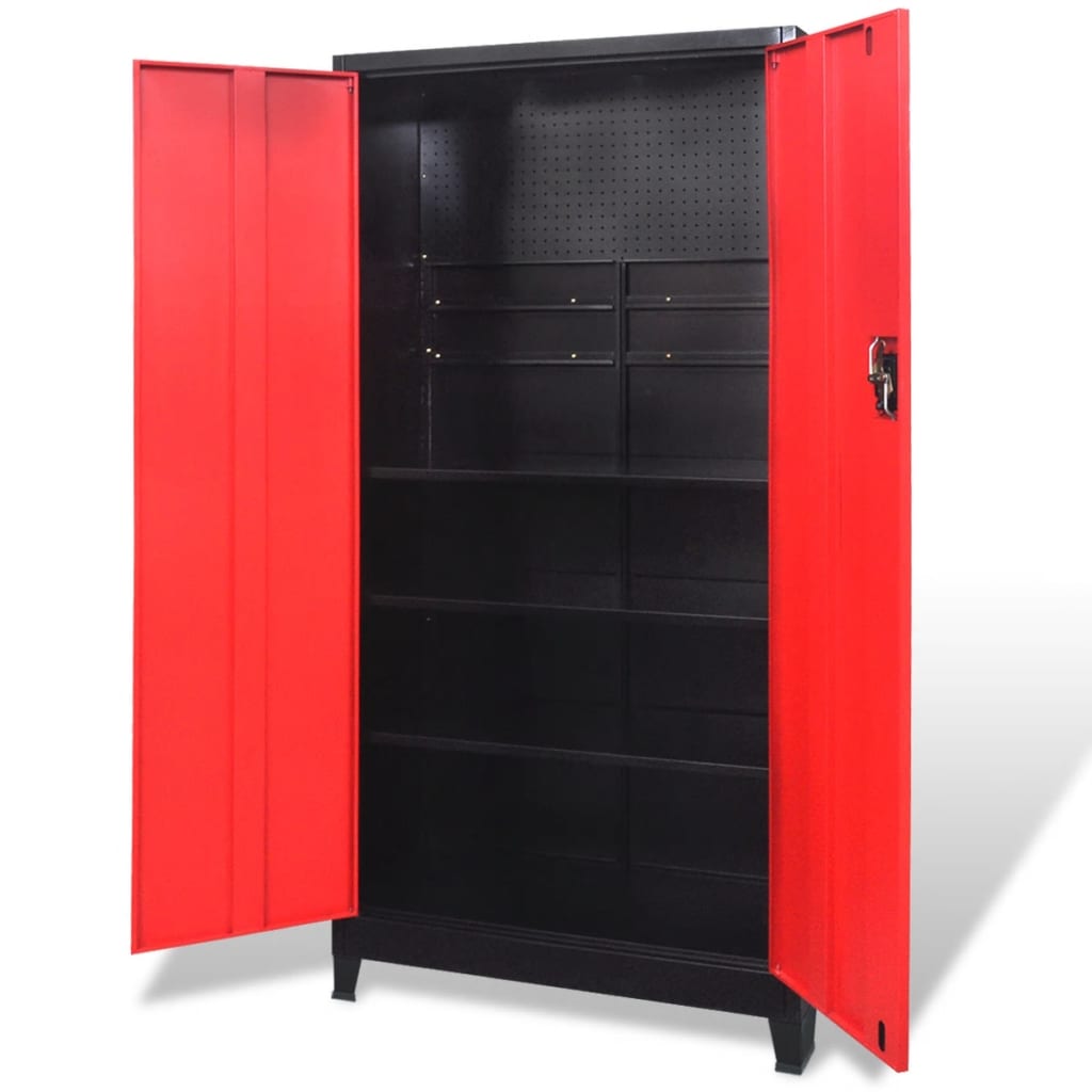 Gereedschapskast Met 2 Deuren 90X40X180 Cm Staal Zwart En Rood Grijs