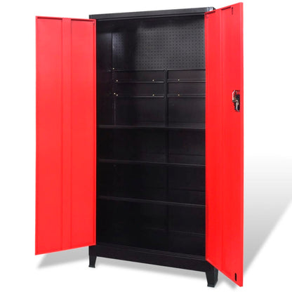 Gereedschapskast Met 2 Deuren 90X40X180 Cm Staal Zwart En Rood Grijs