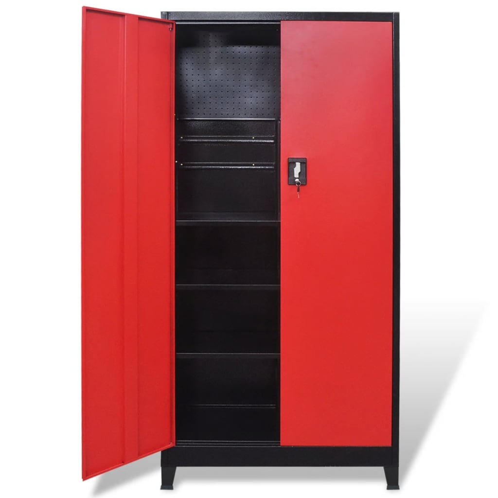 Gereedschapskast Met 2 Deuren 90X40X180 Cm Staal Zwart En Rood Grijs