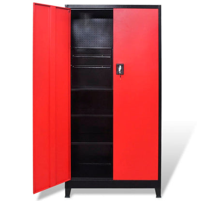 Gereedschapskast Met 2 Deuren 90X40X180 Cm Staal Zwart En Rood Grijs