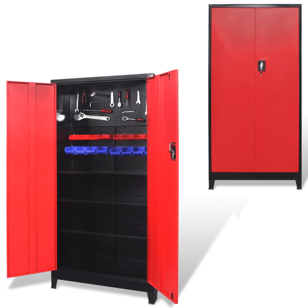 Gereedschapskast Met 2 Deuren 90X40X180 Cm Staal Zwart En Rood Grijs