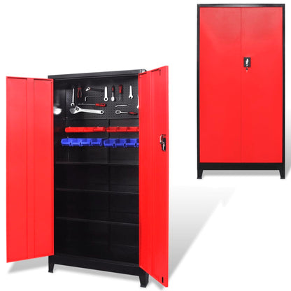 Gereedschapskast Met 2 Deuren 90X40X180 Cm Staal Zwart En Rood Grijs