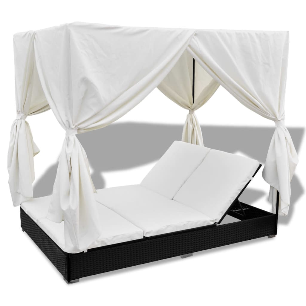 Loungebed Met Gordijnen Poly Rattan