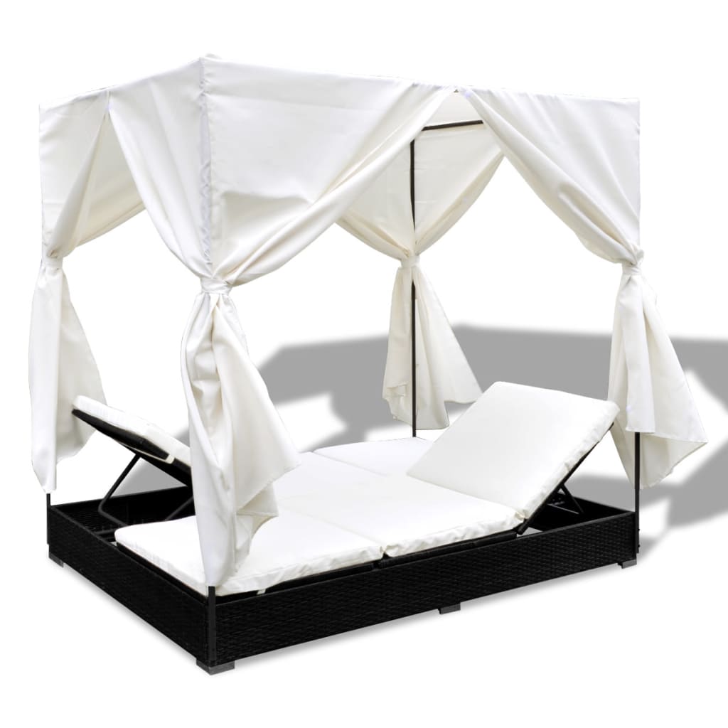 Loungebed Met Gordijnen Poly Rattan