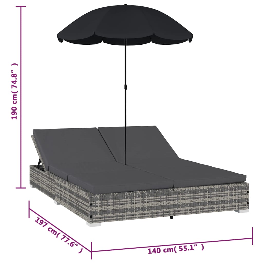 Loungebed Met Parasol Poly Rattan