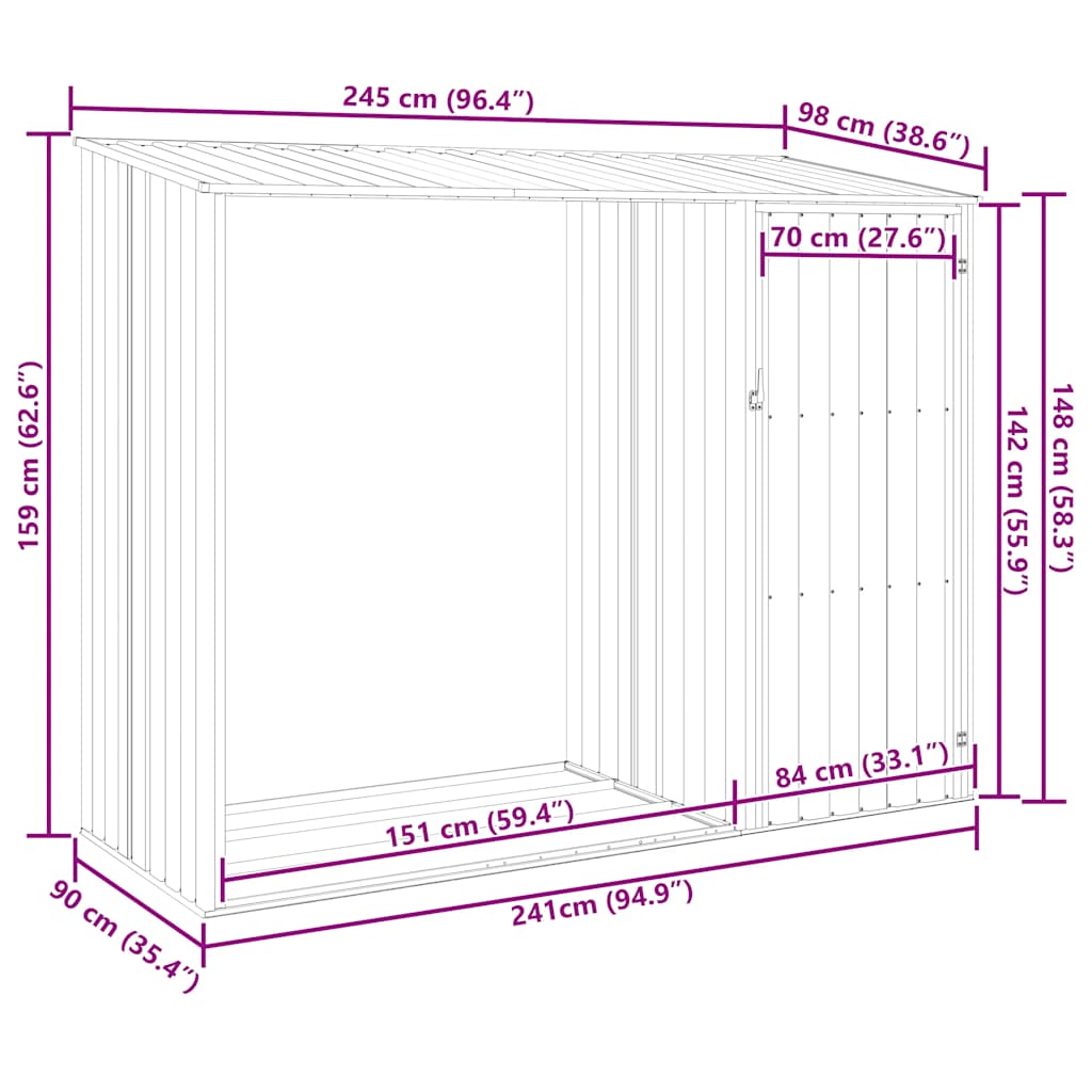 Brandhoutschuur 245X98X159 Cm Gegalvaniseerd Staal