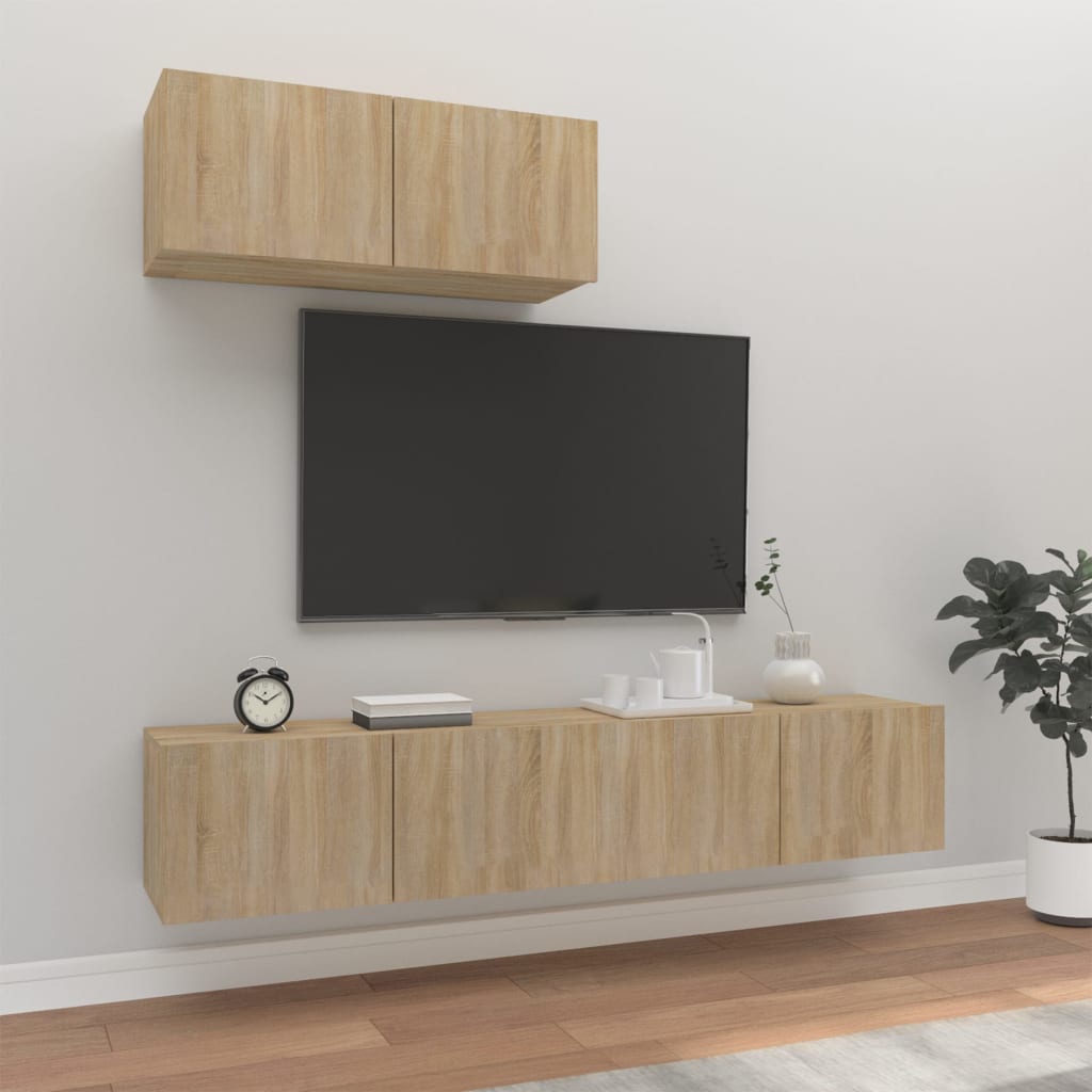 3-Delig Tv-Meubelset Wandmontage Bewerkt Hout Kleurig