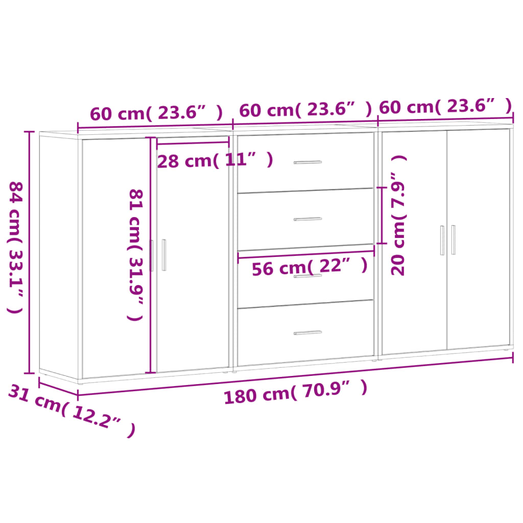 Dressoirs 3 St 60X31X84 Cm Bewerkt Hout Eikenkleur