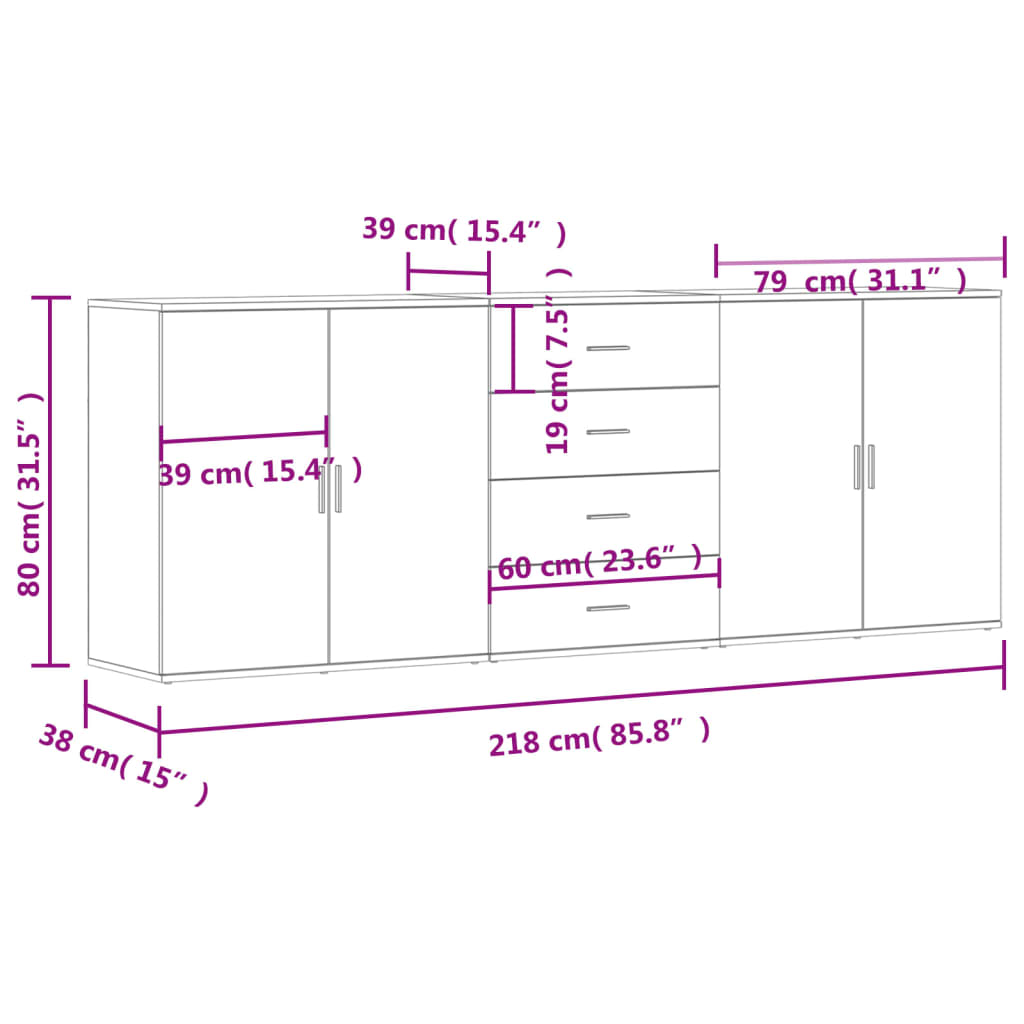Dressoirs 3 St Bewerkt Hout Kleurig