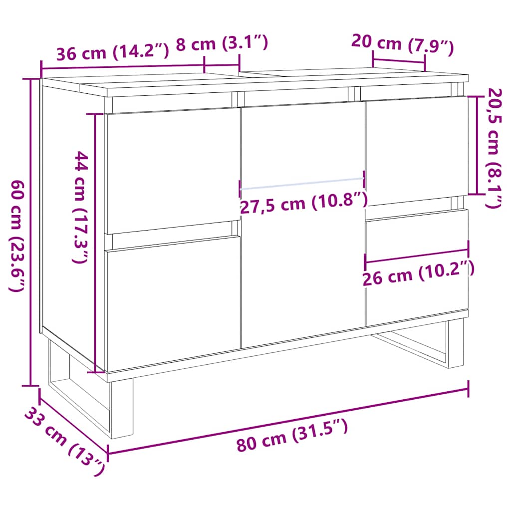Badkamerkast 80X33X60 Cm Bewerkt Hout Betongrijs