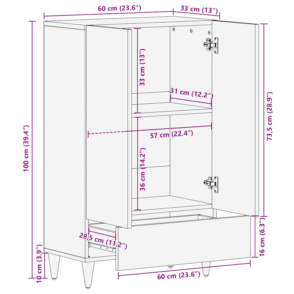 Hoge Kast 60X33X100 Cm Massief Mangohout