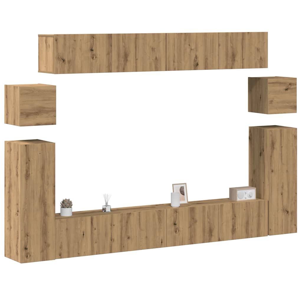 8-Delig Tv-Meubelset Wandmontage Bewerkt Hout Kleurig