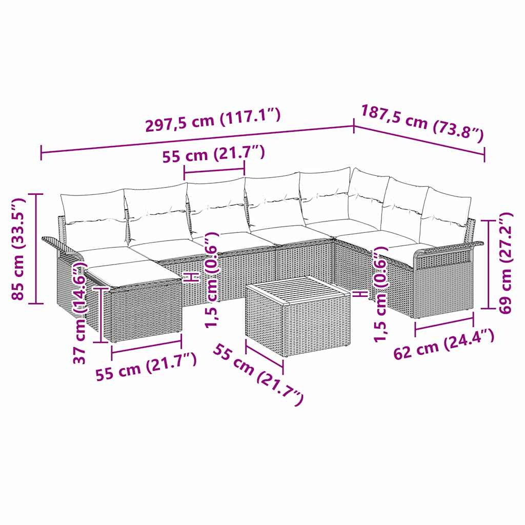 Tuinbank Set Met Kussen 9 Pcs Poly Rattan